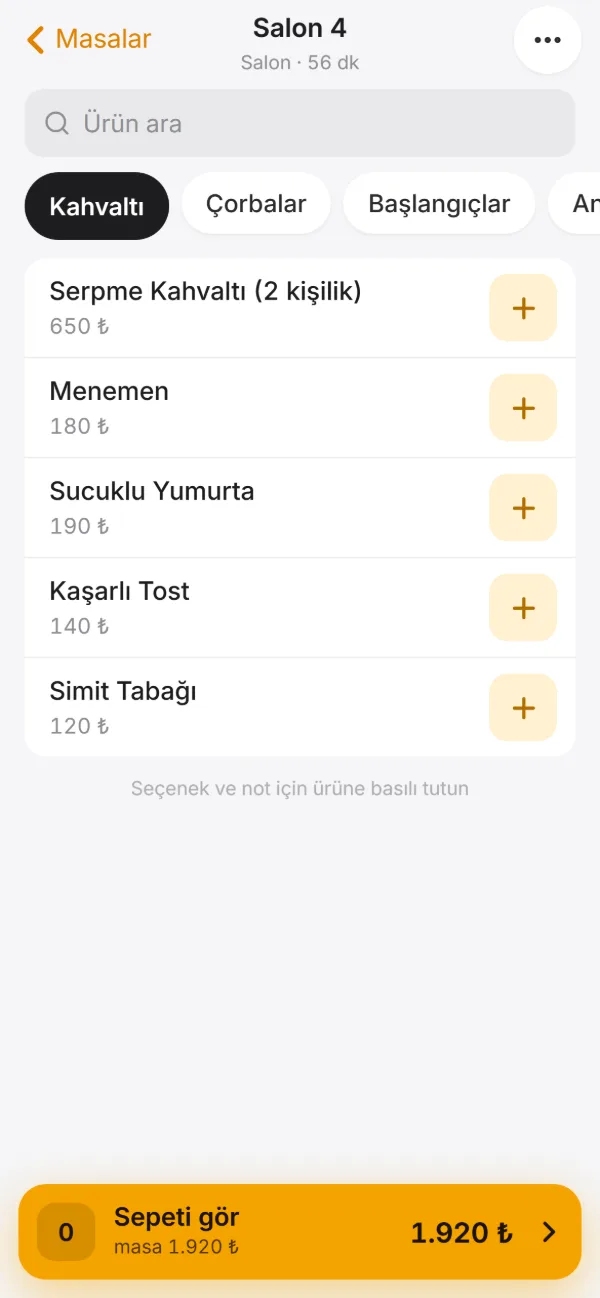 Garson uygulaması: sipariş ekranı