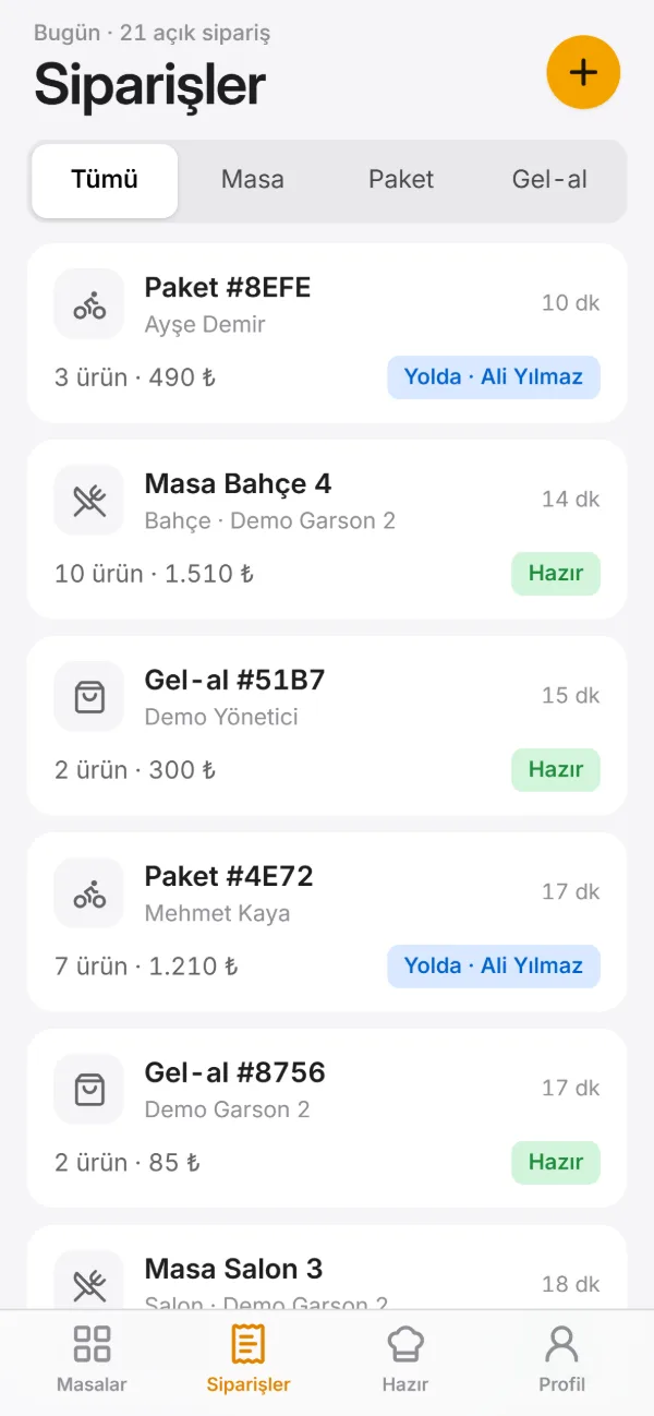 Garson uygulaması: siparişler