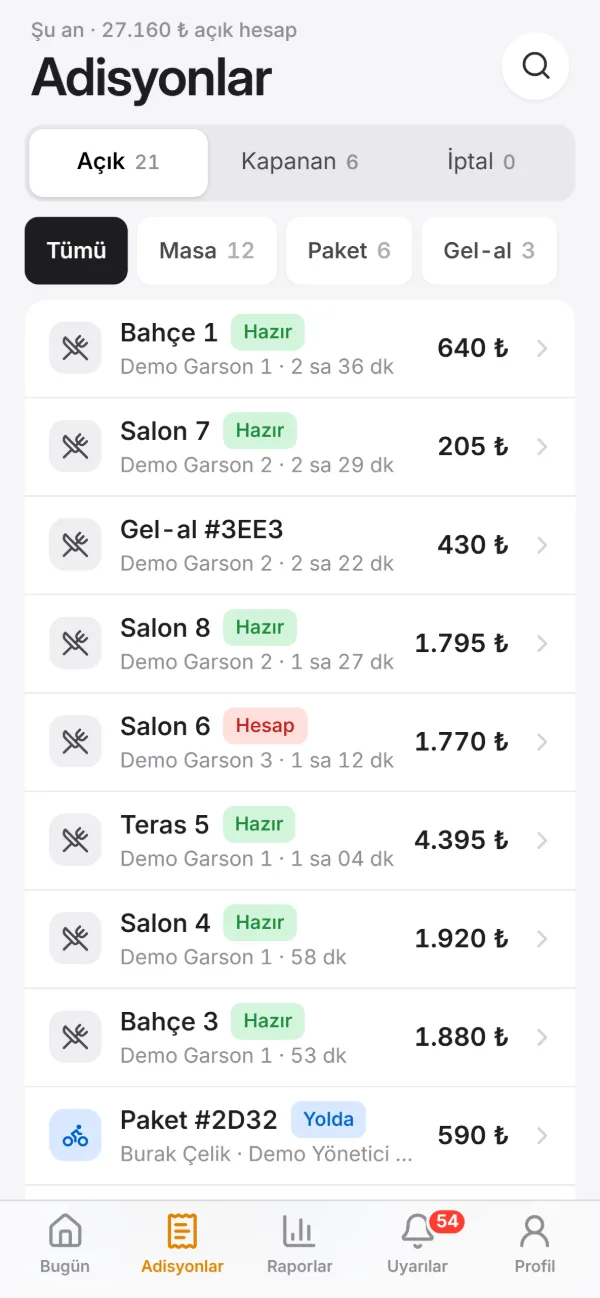 Patron uygulaması: adisyonlar