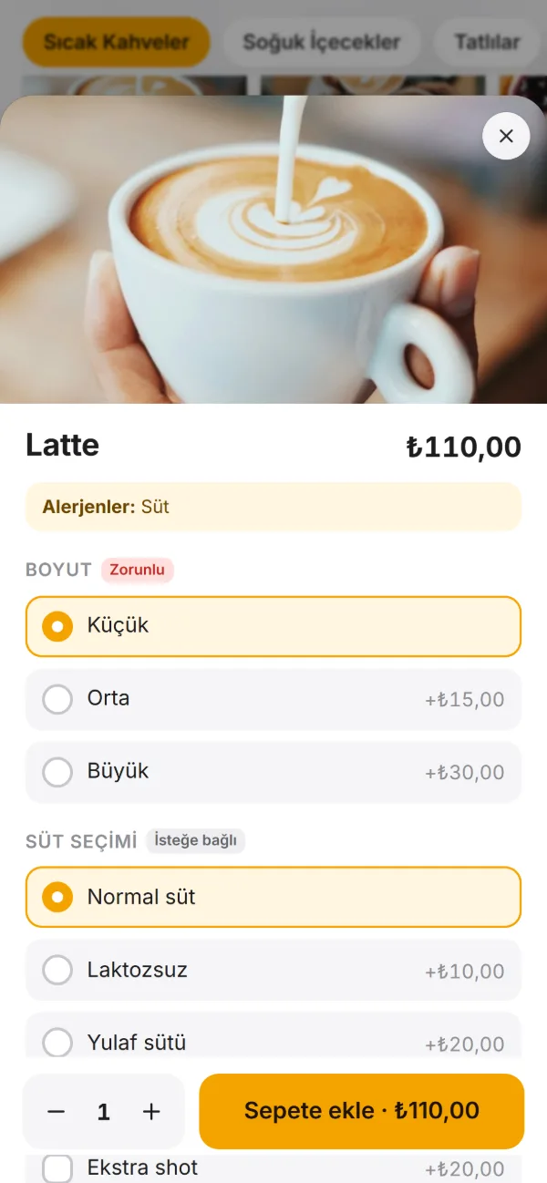 CheckQR ürün seçenekleri ve sepete ekleme